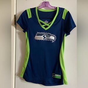 Majestic Navy and Lime Green Women's Jersey Seattle Seahawks small